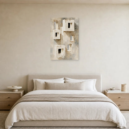 tableau architecture beige aux portes lumineuses mis en scène dans une chambre