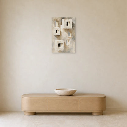 tableau architecture beige aux portes lumineuses accroché dans une entrée