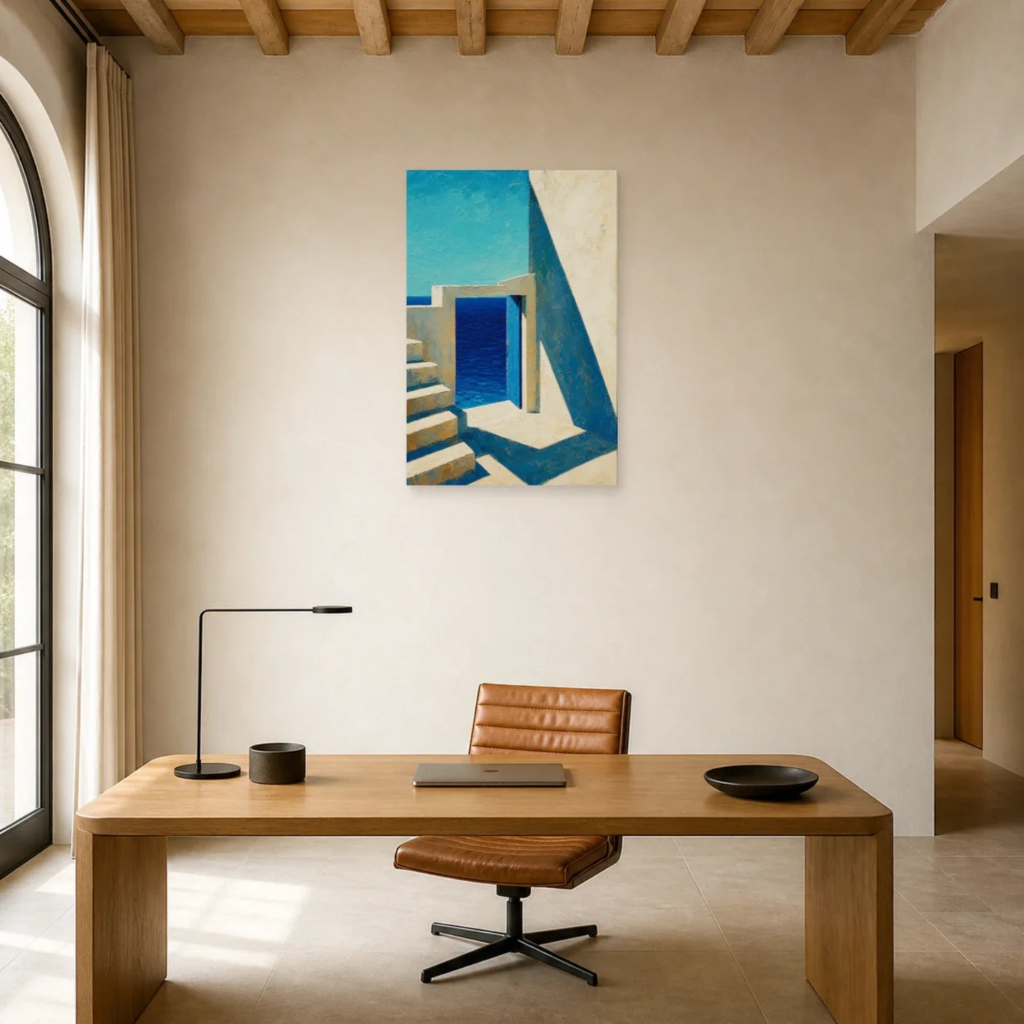 Tableau Beige Bleu Architecture Méditerranéenne dans un bureau - Art Virtuoso
