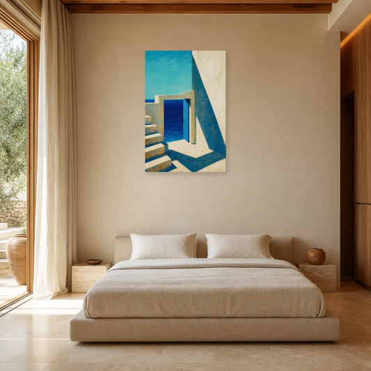 Tableau Beige Bleu Architecture Méditerranéenne dans une chambre - Art Virtuoso