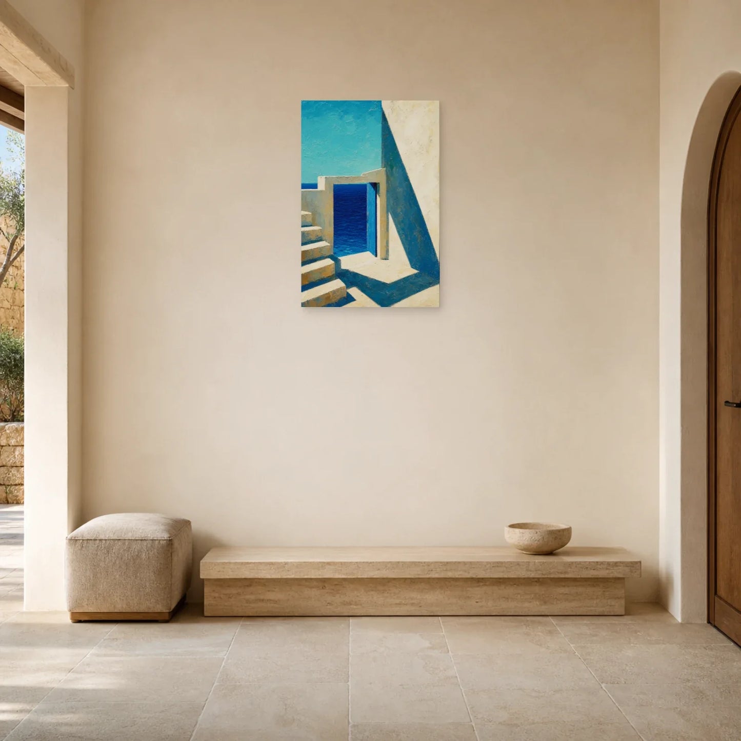 Tableau Beige Bleu Architecture Méditerranéenne dans une entrée ou un couloir - Art Virtuoso