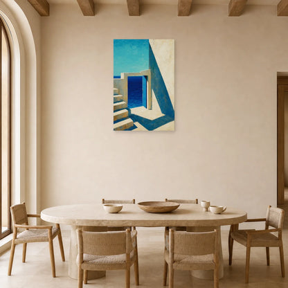 Tableau Beige Bleu Architecture Méditerranéenne dans une salle à manger - Art Virtuoso