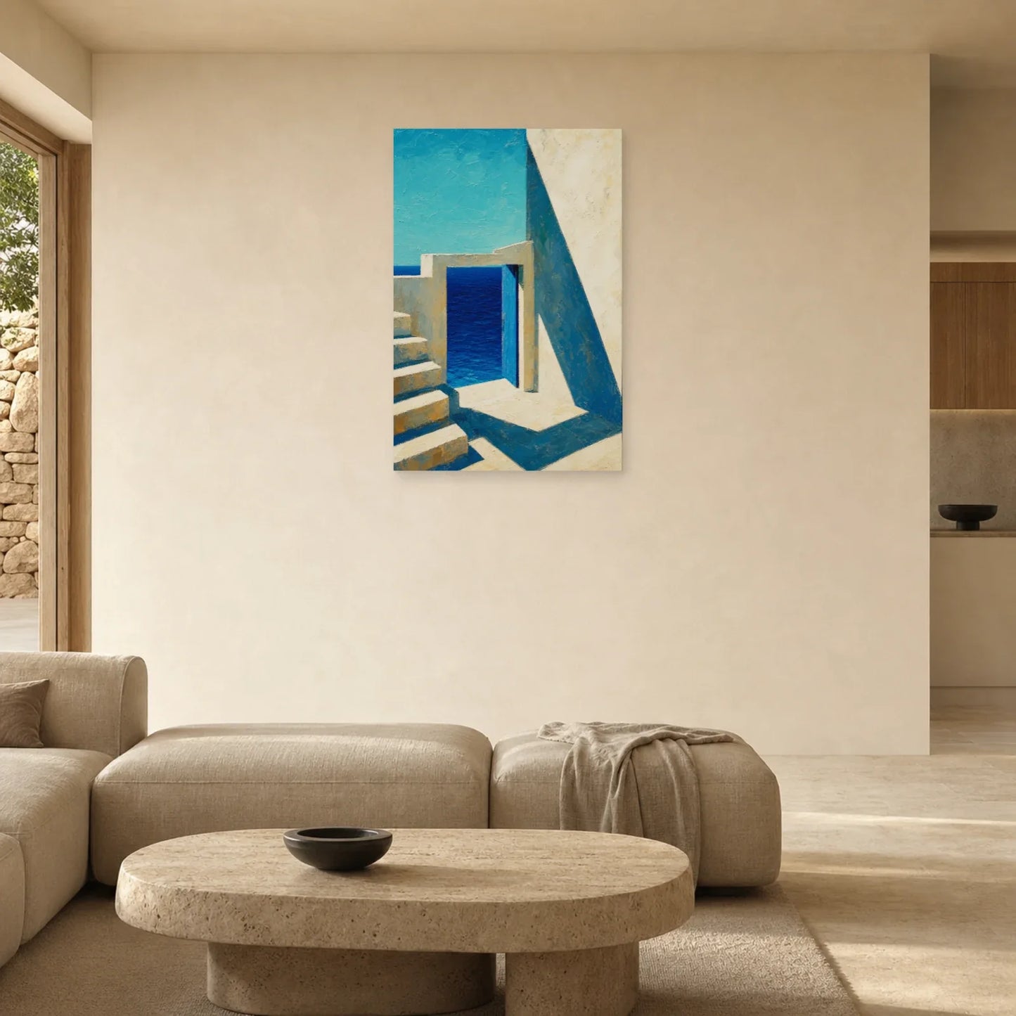 Tableau Beige Bleu Architecture Méditerranéenne dans un salon - Art Virtuoso