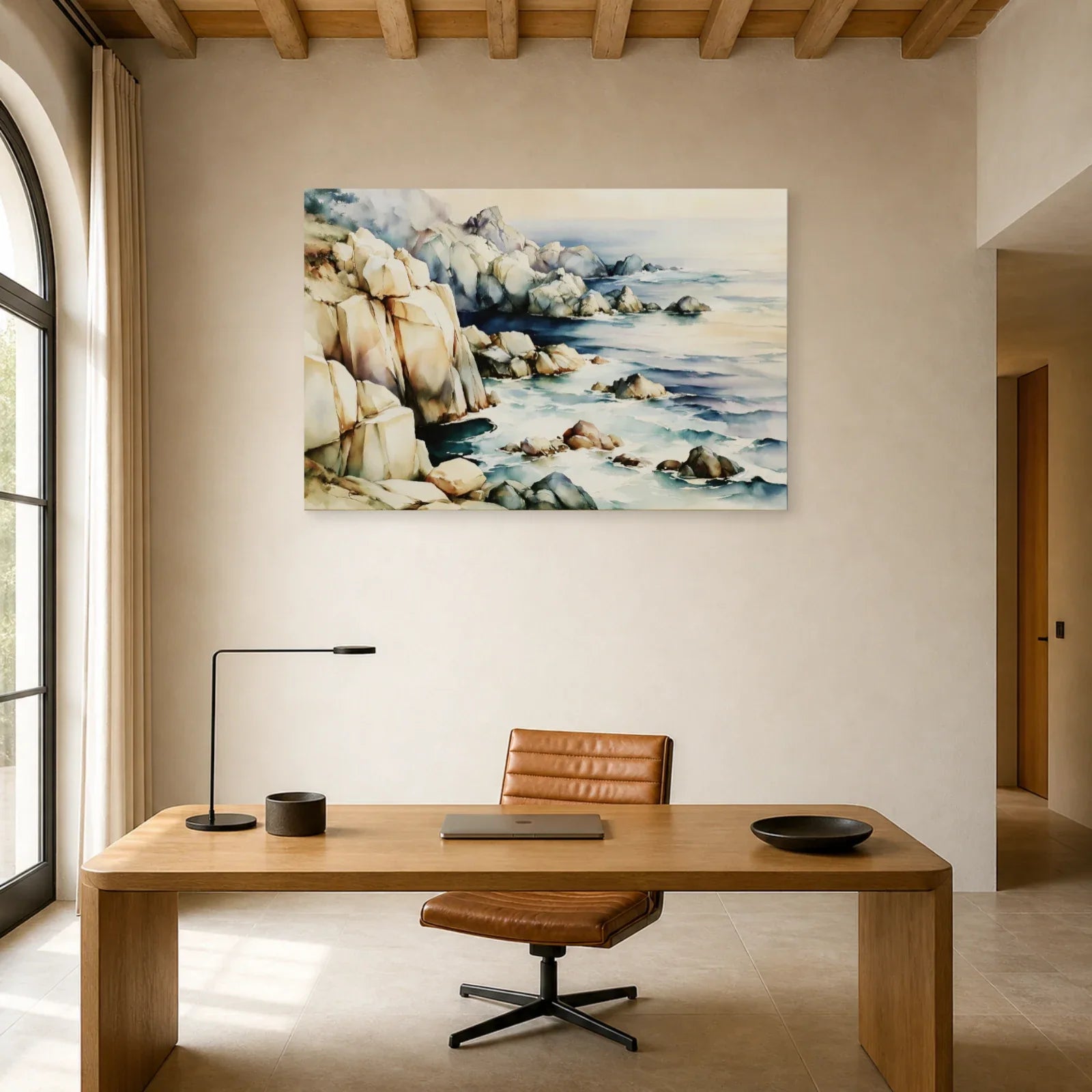 Tableau Côte Atlantique Beige Bleu – Rochers et Horizon installé dans un bureau