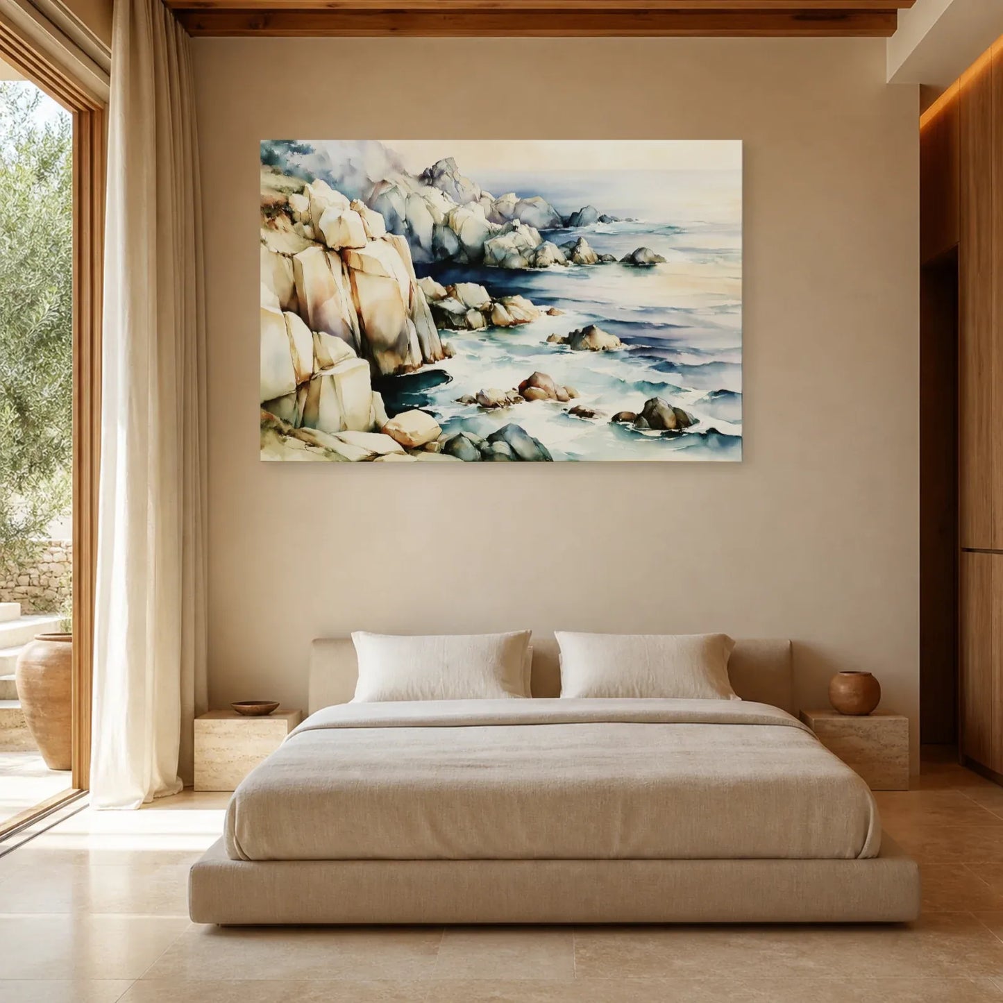 Tableau Côte Atlantique Beige Bleu – Rochers et Horizon mis en scène dans une chambre