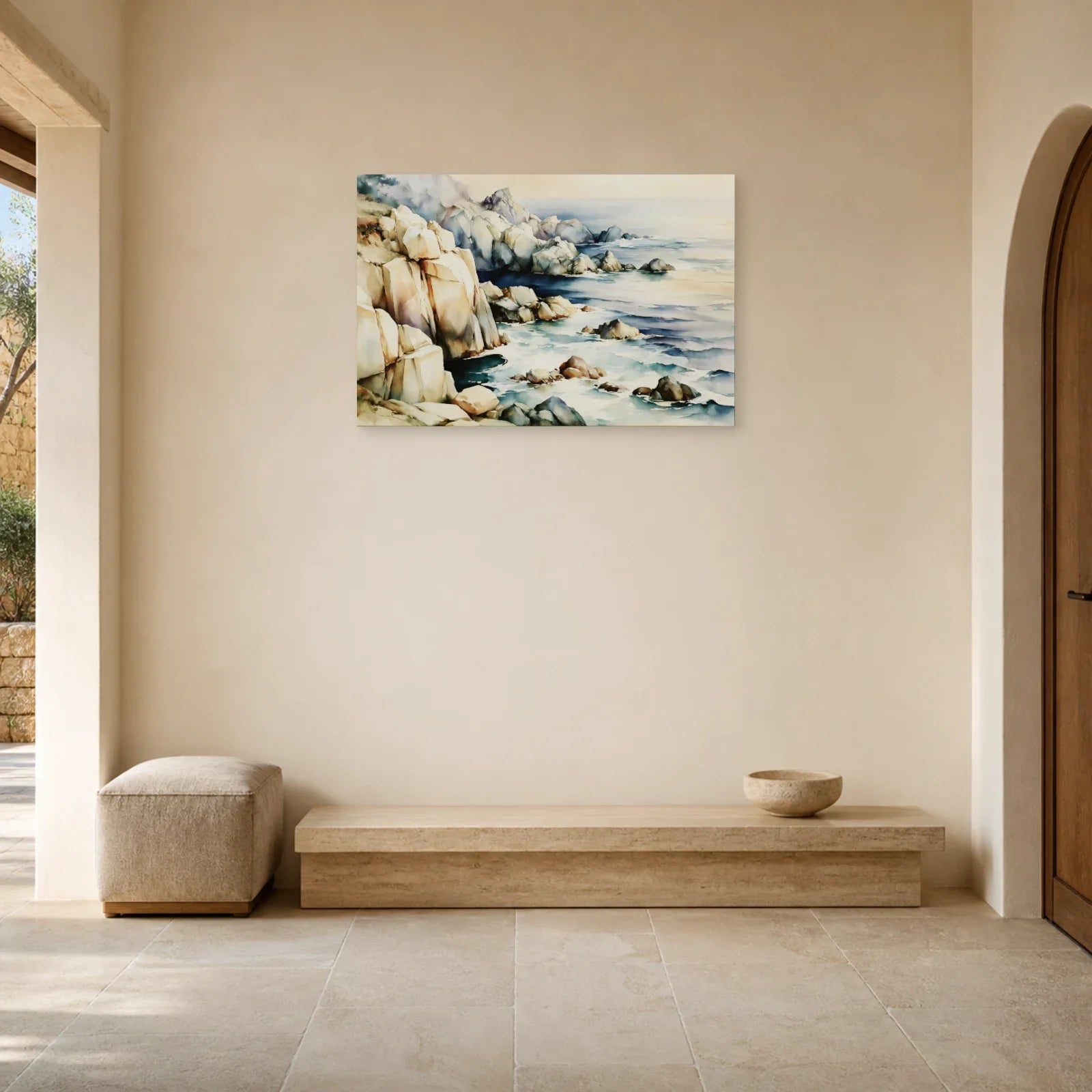 Tableau Côte Atlantique Beige Bleu – Rochers et Horizon accroché dans une entrée