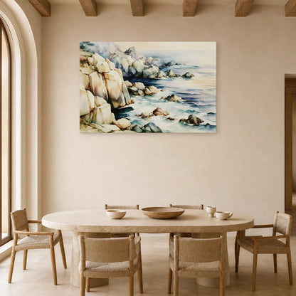 Tableau Côte Atlantique Beige Bleu – Rochers et Horizon exposé dans une salle à manger