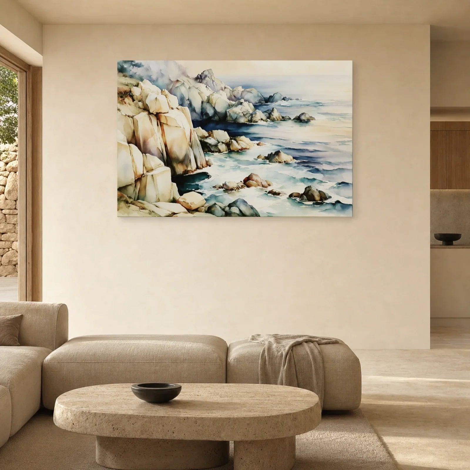 Tableau Côte Atlantique Beige Bleu – Rochers et Horizon présenté dans un salon