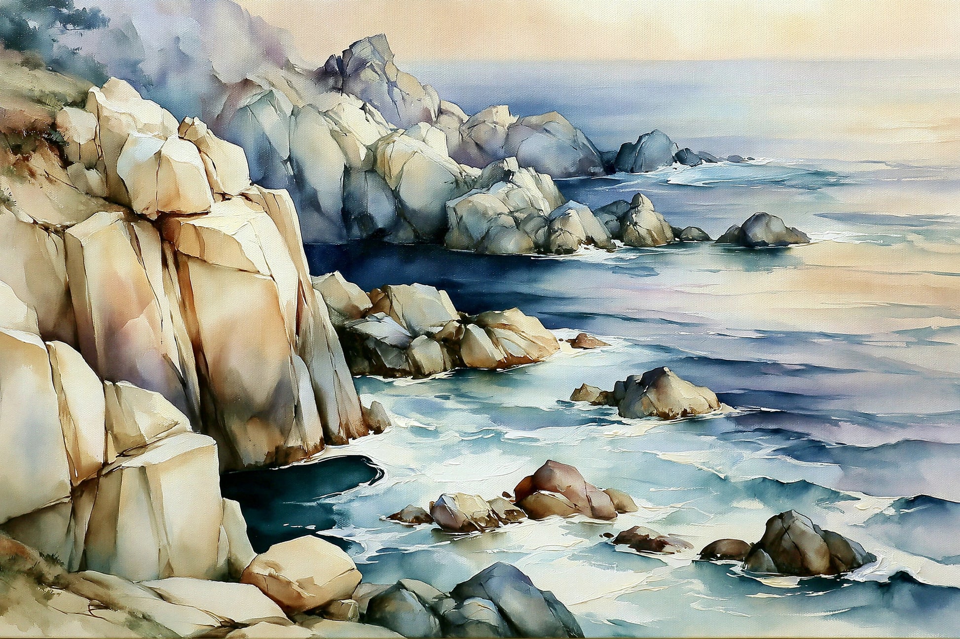 Tableau Côte Atlantique Beige Bleu – Rochers et Horizon, toile horizontal en taille S
