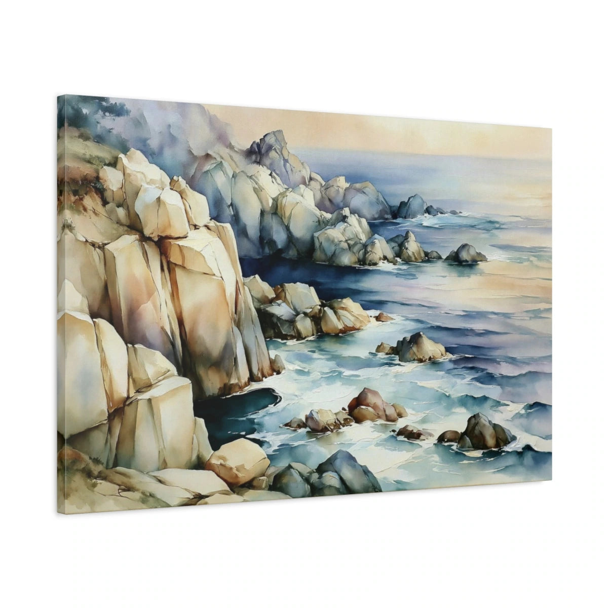 Tableau Côte Atlantique Beige Bleu – Rochers et Horizon, vue latérale de la toile sur châssis