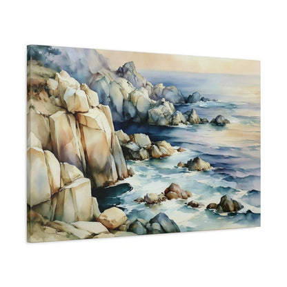 Tableau Côte Atlantique Beige Bleu – Rochers et Horizon, vue latérale de la toile sur châssis