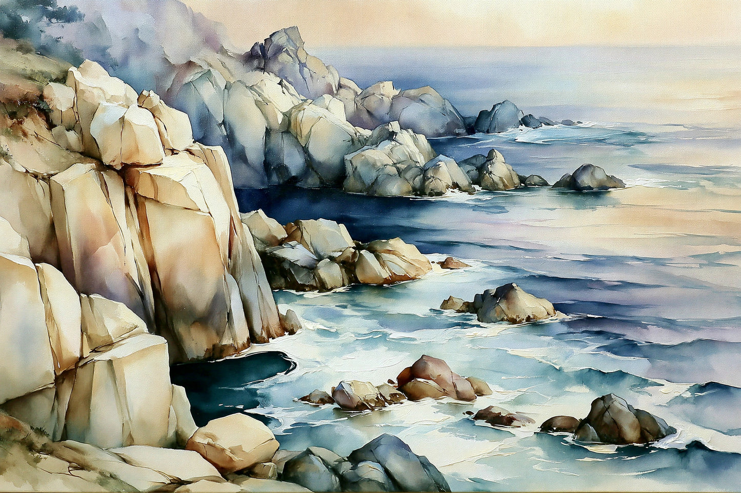Tableau Côte Atlantique Beige Bleu – Rochers et Horizon, toile horizontal en taille XL