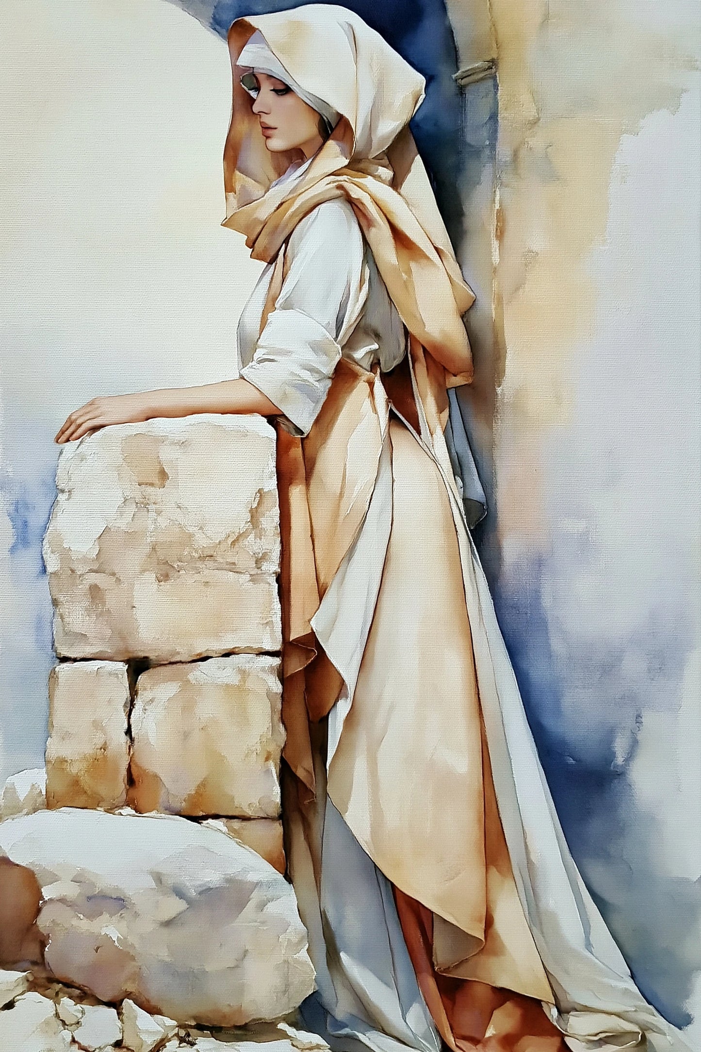 Tableau Femme Voilée Beige – Portrait aux Drapés Ivoire, toile vertical en taille M