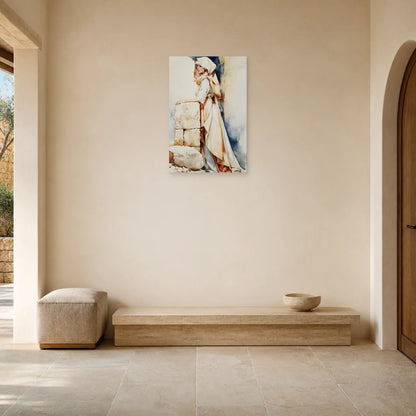 Tableau Femme Voilée Beige – Portrait aux Drapés Ivoire accroché dans une entrée