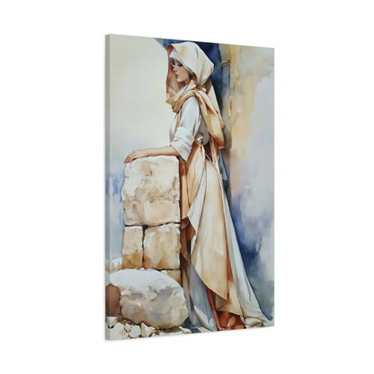 Tableau Femme Voilée Beige – Portrait aux Drapés Ivoire, vue latérale de la toile sur châssis