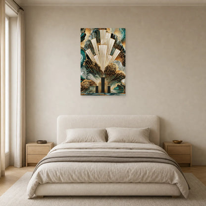 Tableau Art Déco Doré Bleu Canard - Éventail Urbain présenté dans une chambre avec accents ivoire