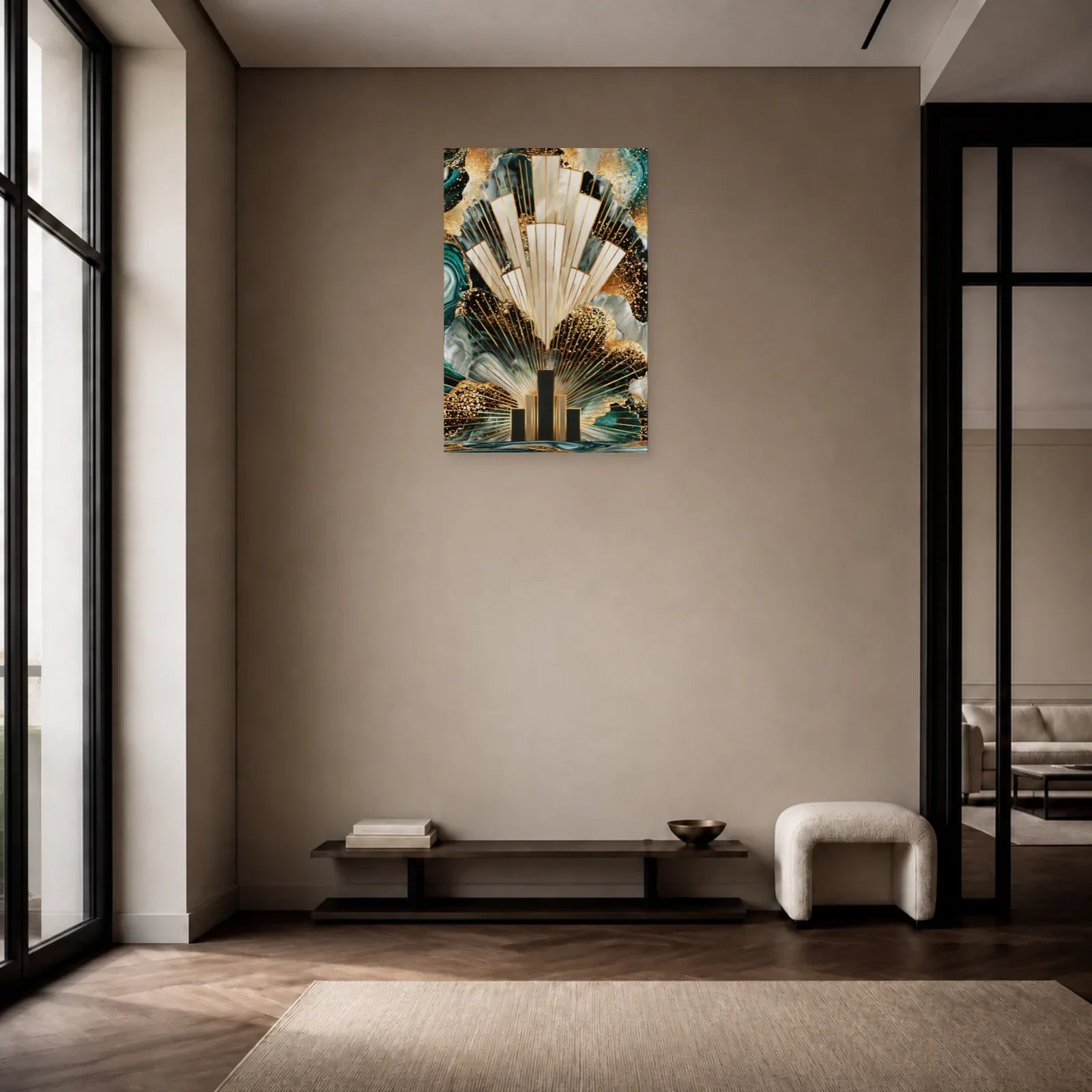 Tableau Art Déco Doré Bleu Canard - Éventail Urbain présenté dans une entrée au décor Art déco