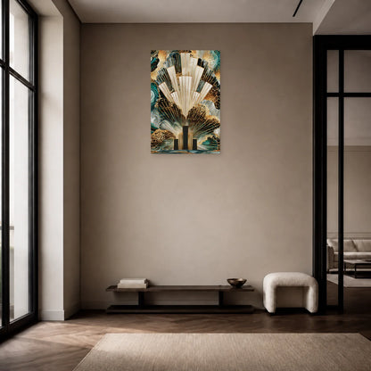 Tableau Art Déco Doré Bleu Canard - Éventail Urbain présenté dans une entrée au décor Art déco