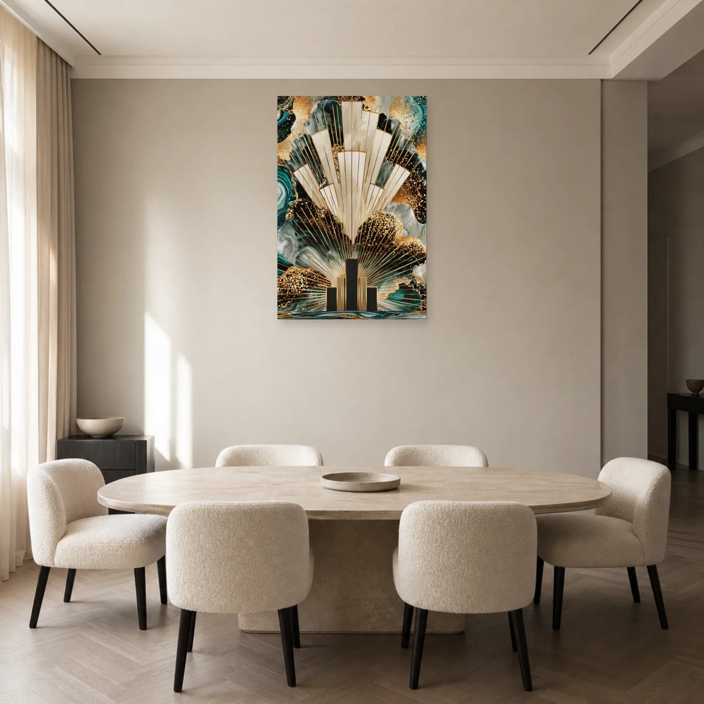 Tableau Art Déco Doré Bleu Canard - Éventail Urbain présenté dans une salle à manger avec laiton mat
