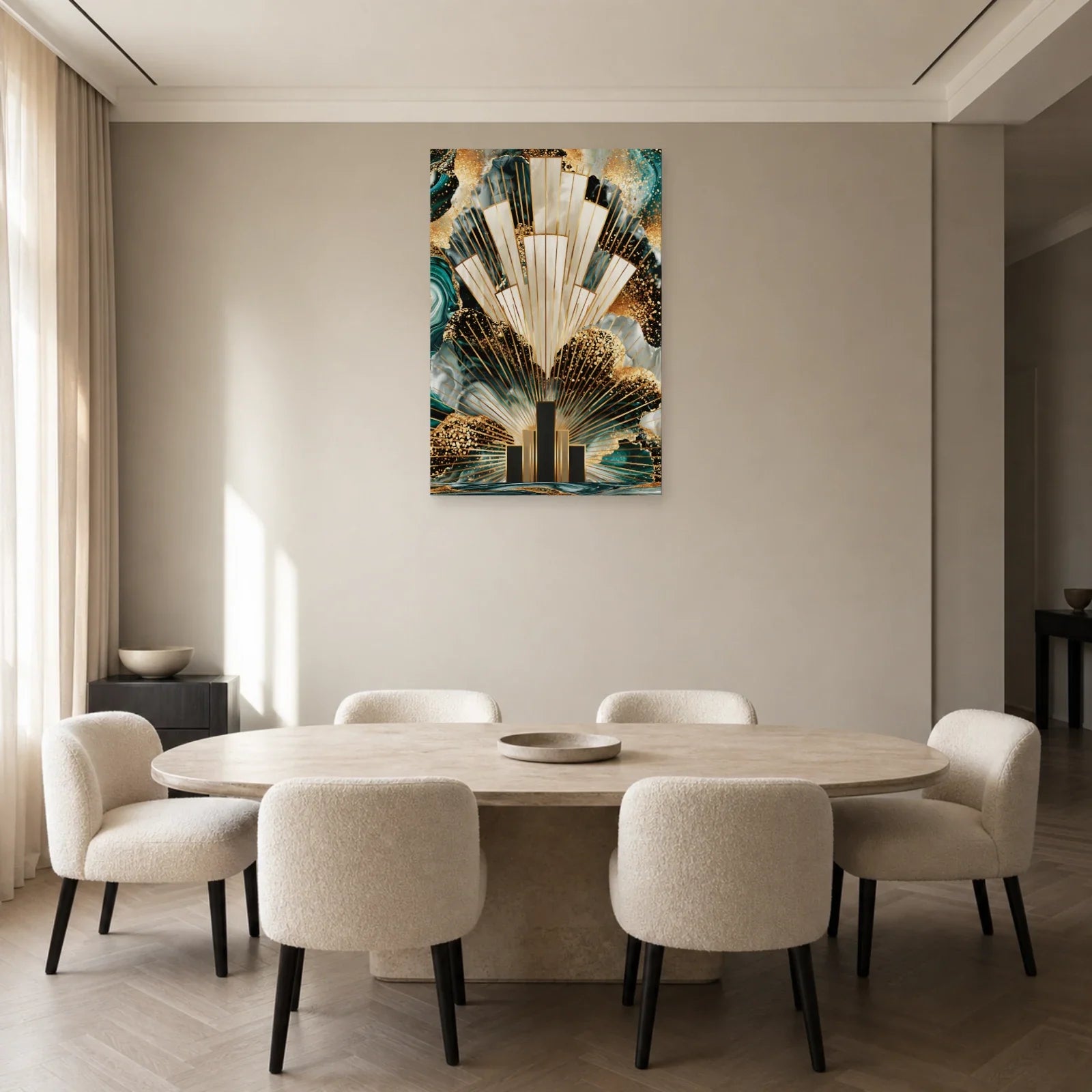 Tableau Art Déco Doré Bleu Canard - Éventail Urbain présenté dans une salle à manger avec laiton mat