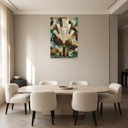 Tableau Art Déco Doré Bleu Canard - Éventail Urbain présenté dans une salle à manger avec laiton mat