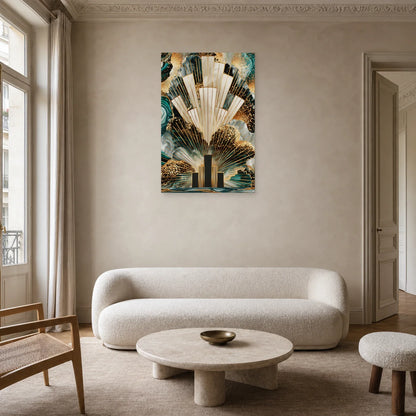 Tableau Art Déco Doré Bleu Canard - Éventail Urbain présenté dans un salon avec velours bleu