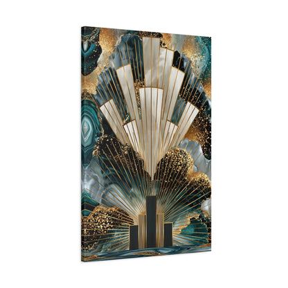 Tableau Art Déco Doré Bleu Canard - Éventail Urbain, vue latérale de la toile sur châssis