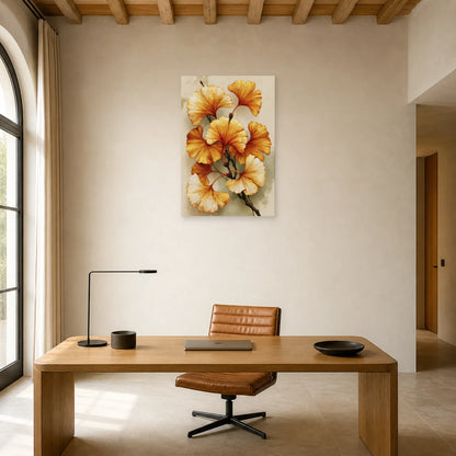 Tableau Ginkgo Doré Beige – Branche Ocre et Ivoire installé dans un bureau