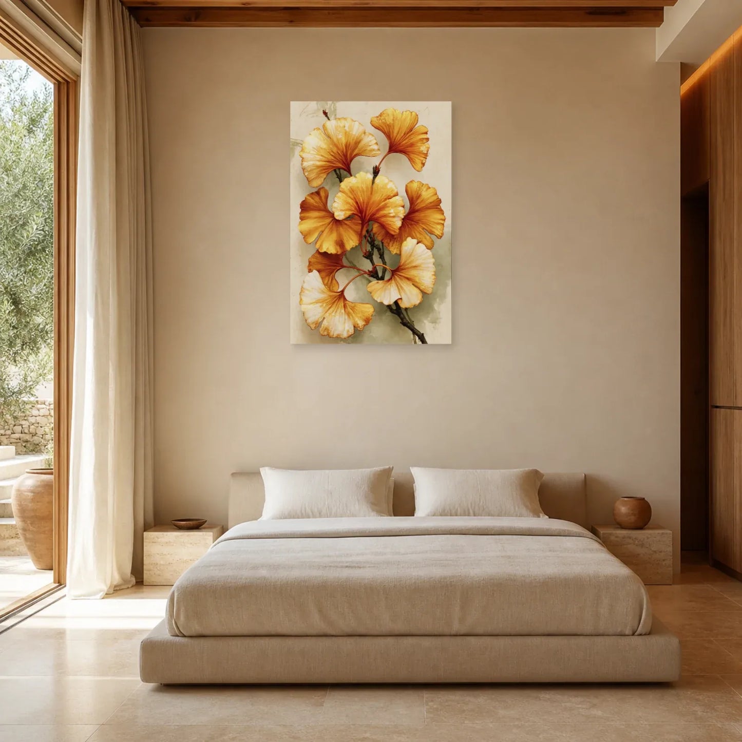 Tableau Ginkgo Doré Beige – Branche Ocre et Ivoire mis en scène dans une chambre