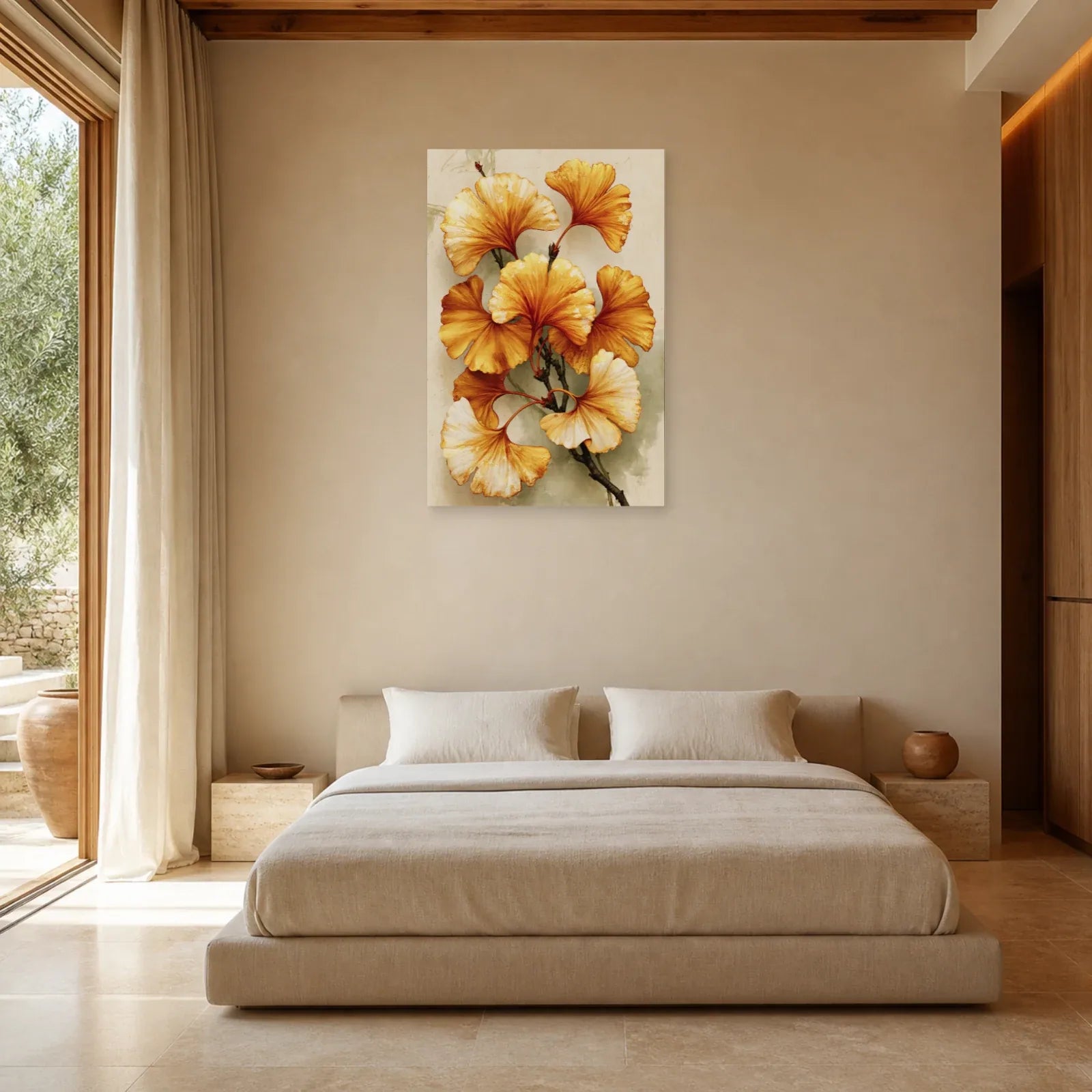 Tableau Ginkgo Doré Beige – Branche Ocre et Ivoire mis en scène dans une chambre