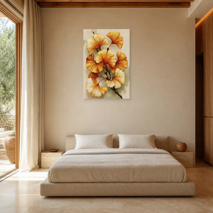 Tableau Ginkgo Doré Beige – Branche Ocre et Ivoire mis en scène dans une chambre