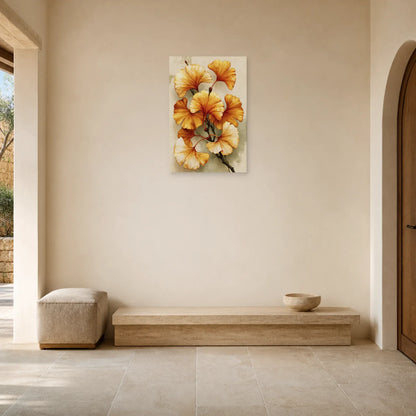 Tableau Ginkgo Doré Beige – Branche Ocre et Ivoire accroché dans une entrée