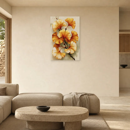 Tableau Ginkgo Doré Beige – Branche Ocre et Ivoire présenté dans un salon