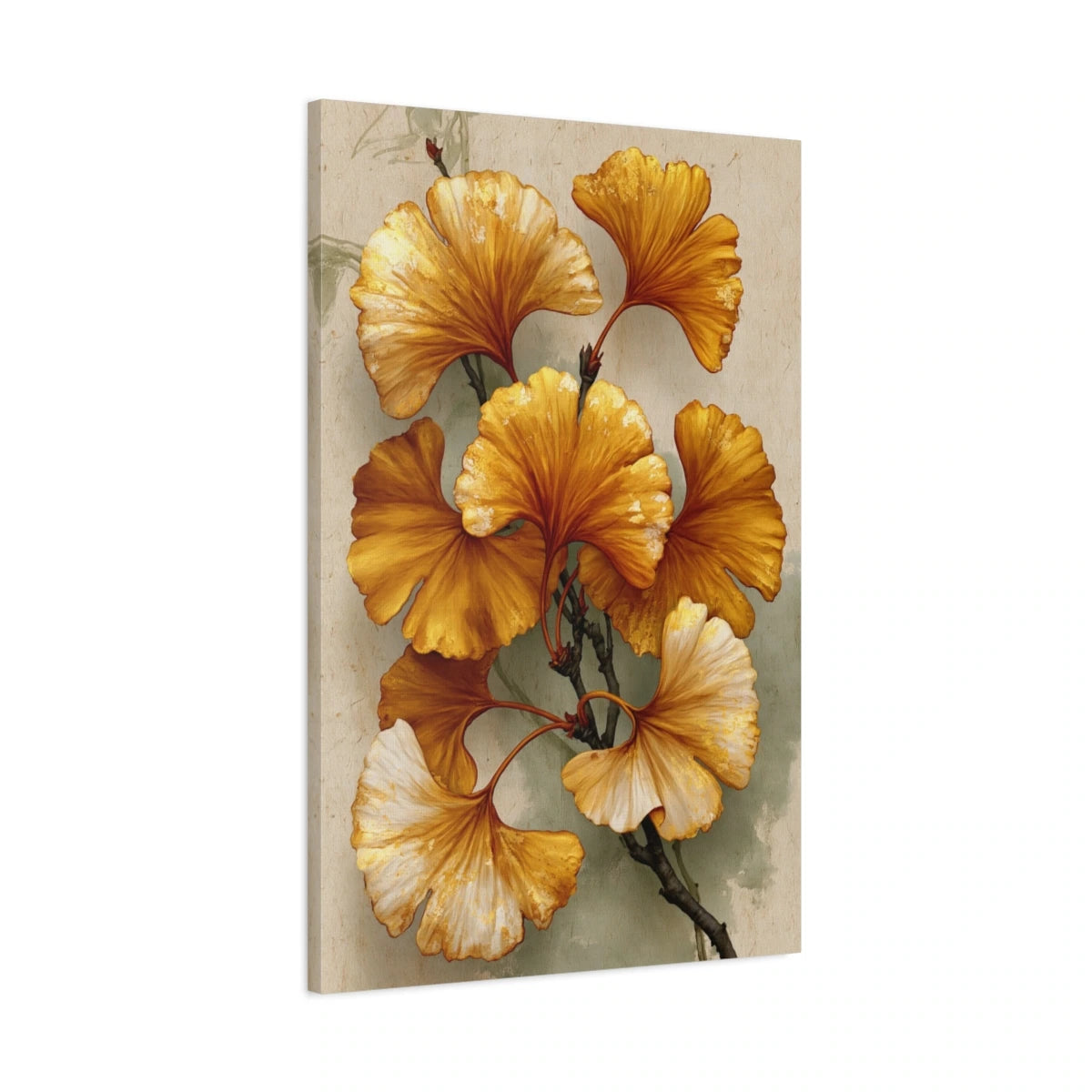 Tableau Ginkgo Doré Beige – Branche Ocre et Ivoire, vue latérale de la toile sur châssis