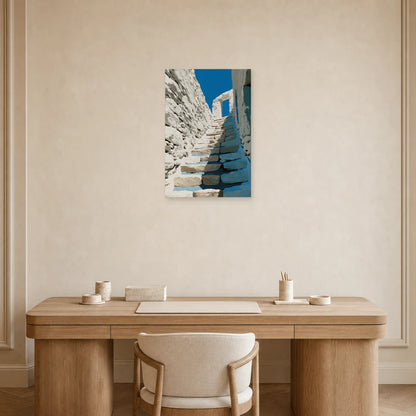 tableau escalier méditerranéen blanc et bleu cobalt installé dans un bureau