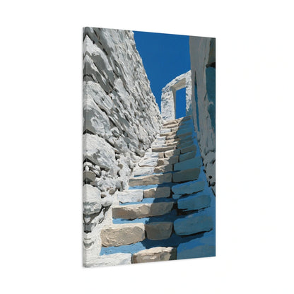 Vue latérale du tableau escalier méditerranéen blanc et bleu cobalt sur toile tendue