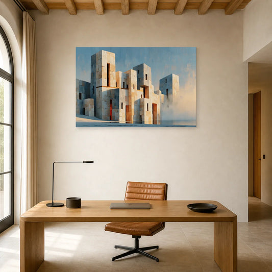 Tableau Architecture Beige Gris – Cité Minérale Cubique installé dans un bureau