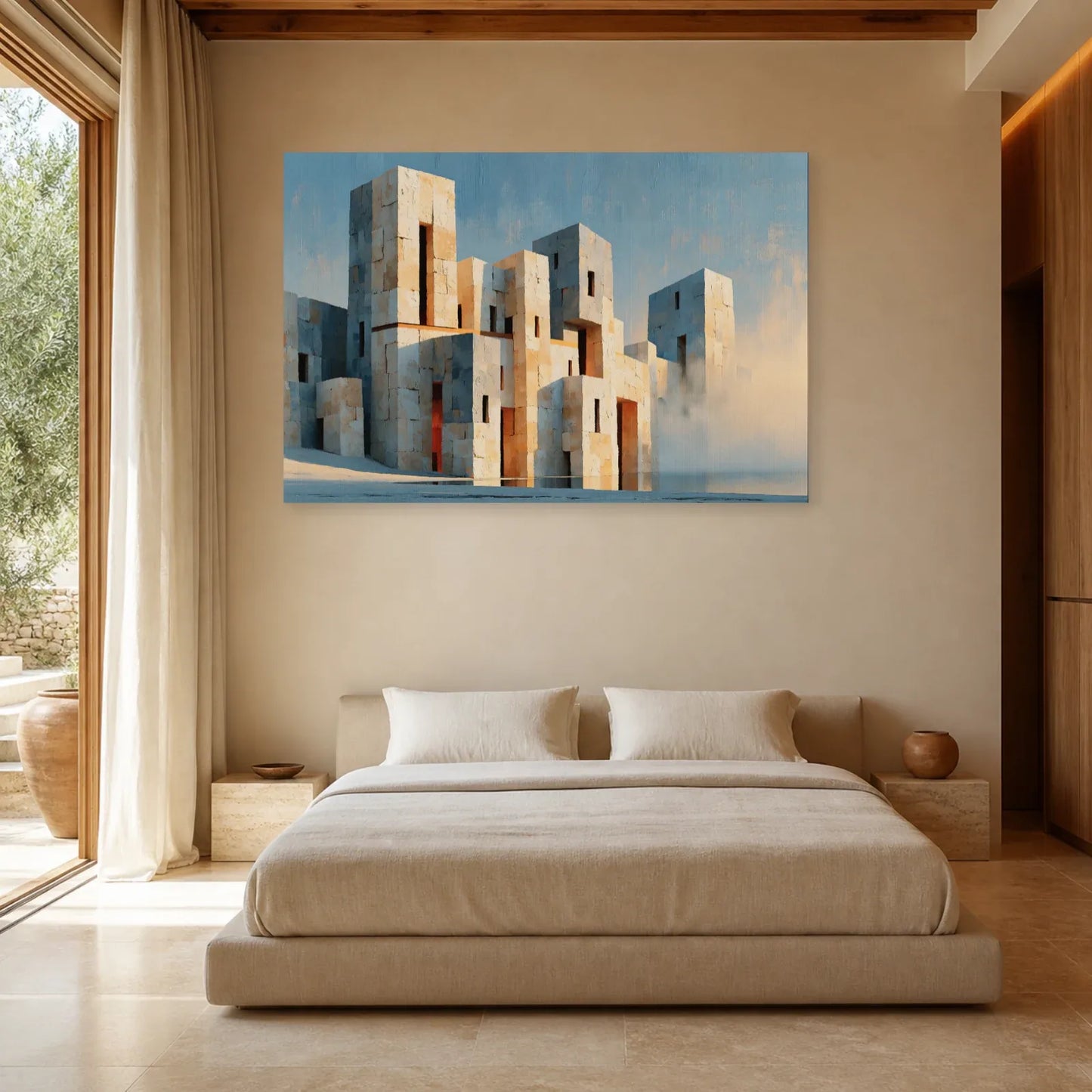 Tableau Architecture Beige Gris – Cité Minérale Cubique mis en scène dans une chambre