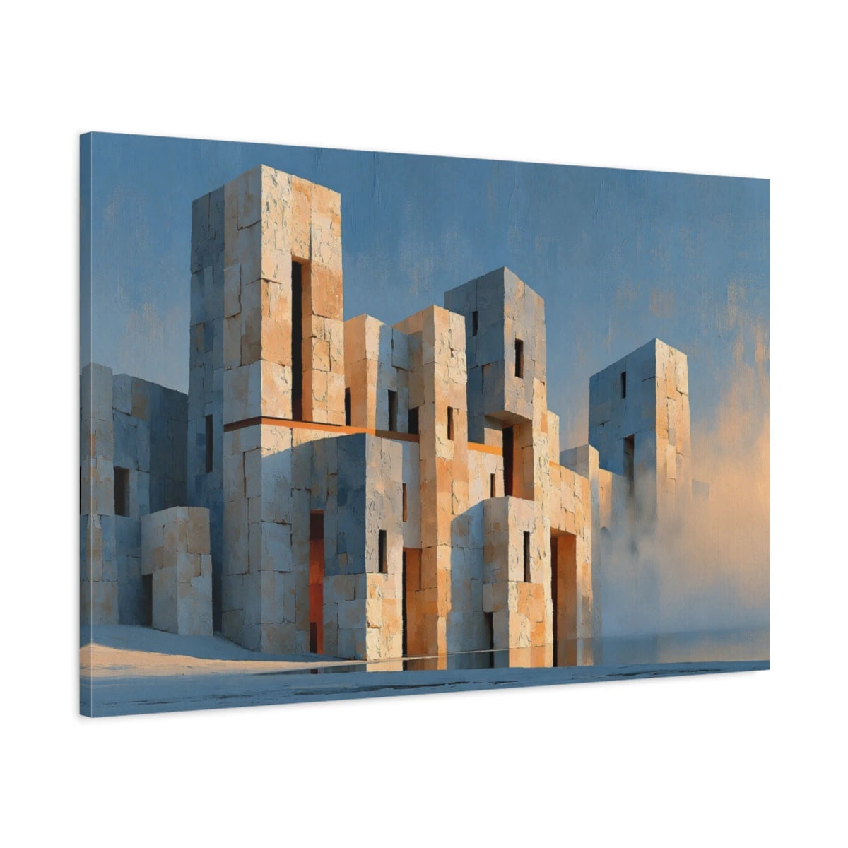 Tableau Architecture Beige Gris – Cité Minérale Cubique, vue latérale de la toile sur châssis