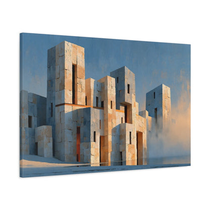 Tableau Architecture Beige Gris – Cité Minérale Cubique, vue latérale de la toile sur châssis