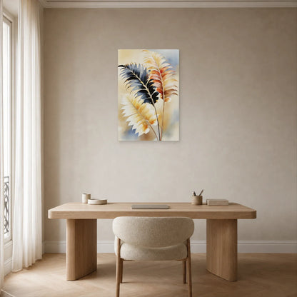 Tableau de Feuillage Tropical Beige et Marron - Frondes Nocturnes présenté dans un bureau avec mobilier sombre