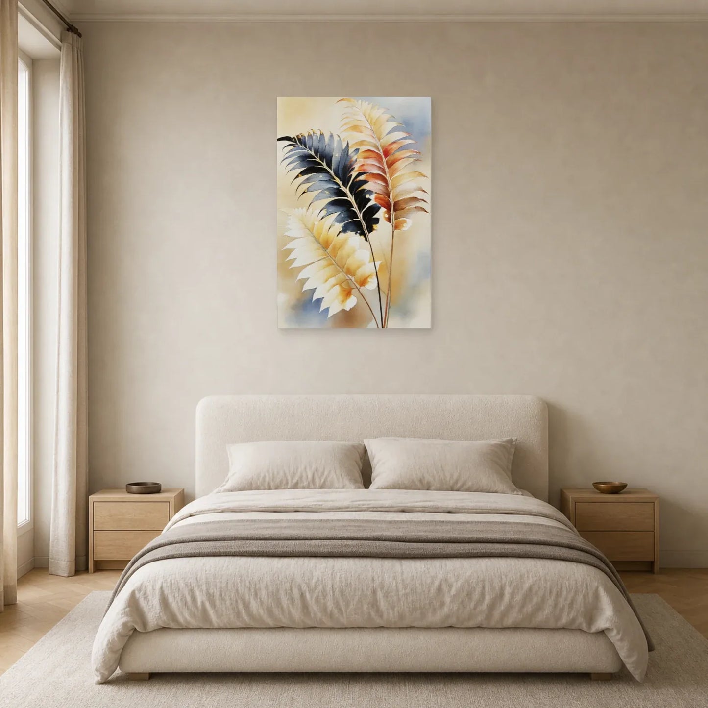 Tableau de Feuillage Tropical Beige et Marron - Frondes Nocturnes présenté dans une chambre aux nuances sable