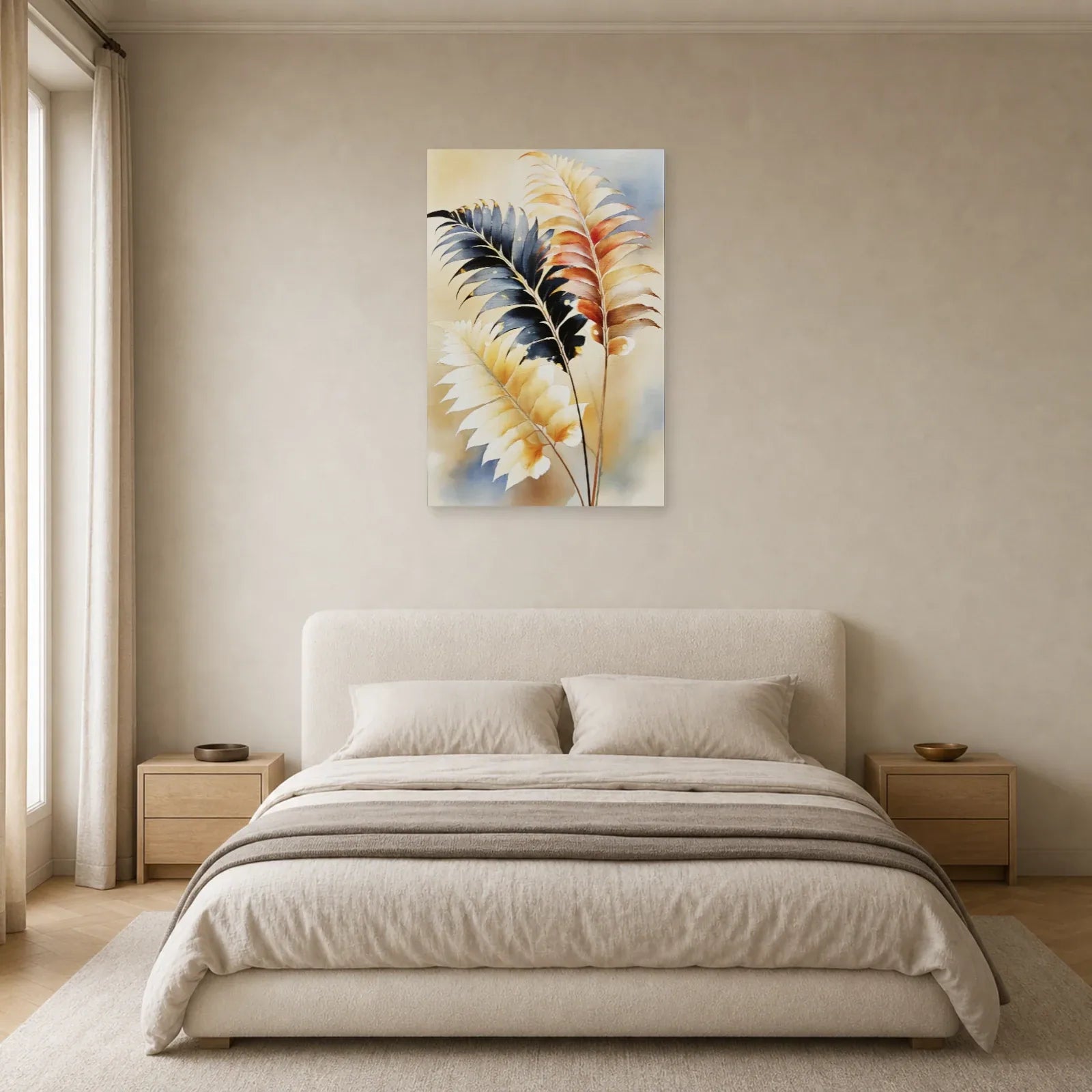 Tableau de Feuillage Tropical Beige et Marron - Frondes Nocturnes présenté dans une chambre aux nuances sable