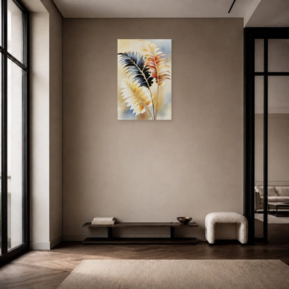 Tableau de Feuillage Tropical Beige et Marron - Frondes Nocturnes présenté dans une entrée avec console en bois