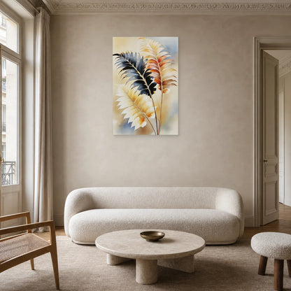 Tableau de Feuillage Tropical Beige et Marron - Frondes Nocturnes présenté dans un salon aux tons bois et lin