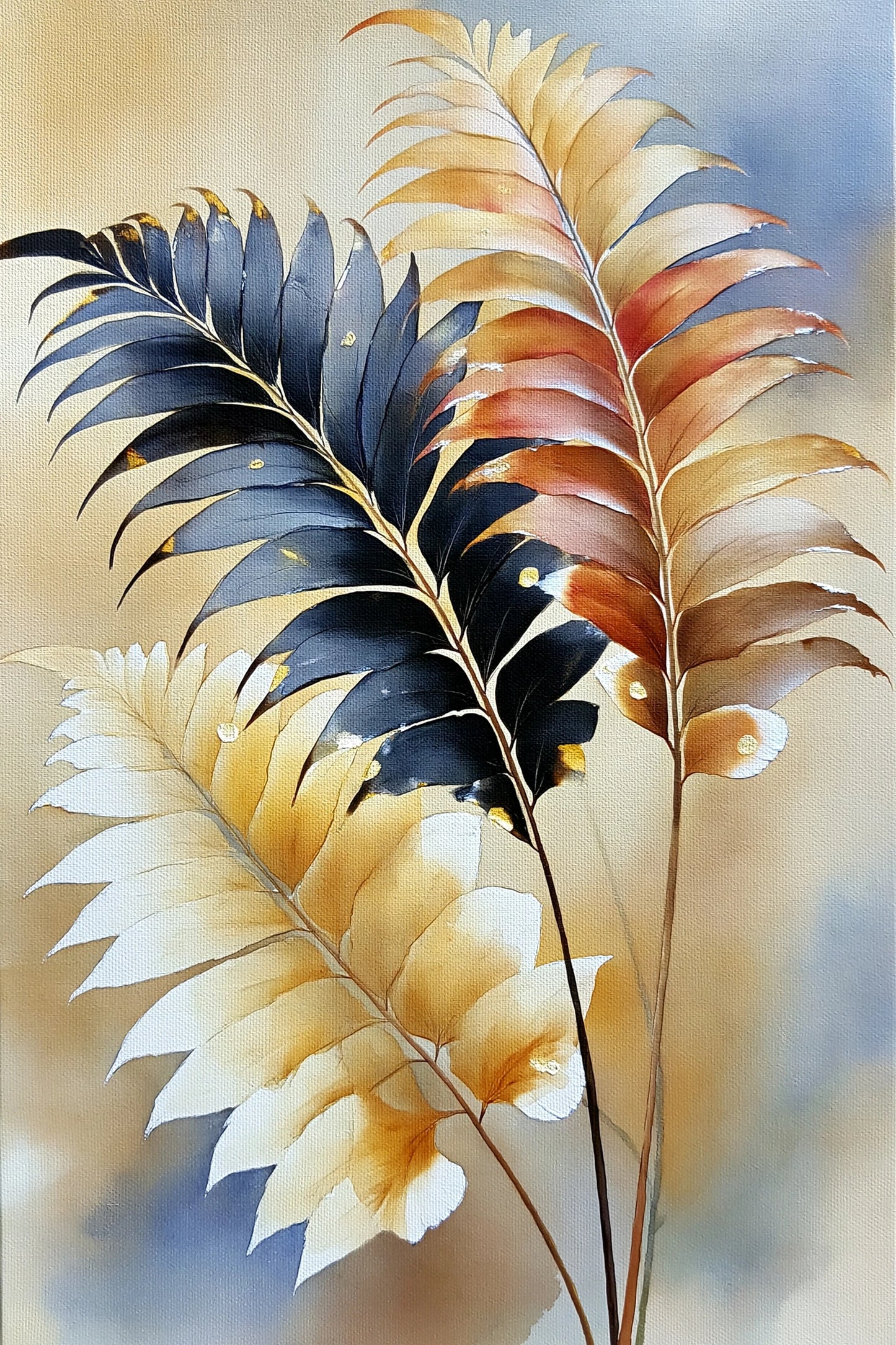 Tableau de Feuillage Tropical Beige et Marron - Frondes Nocturnes, toile vertical en taille S