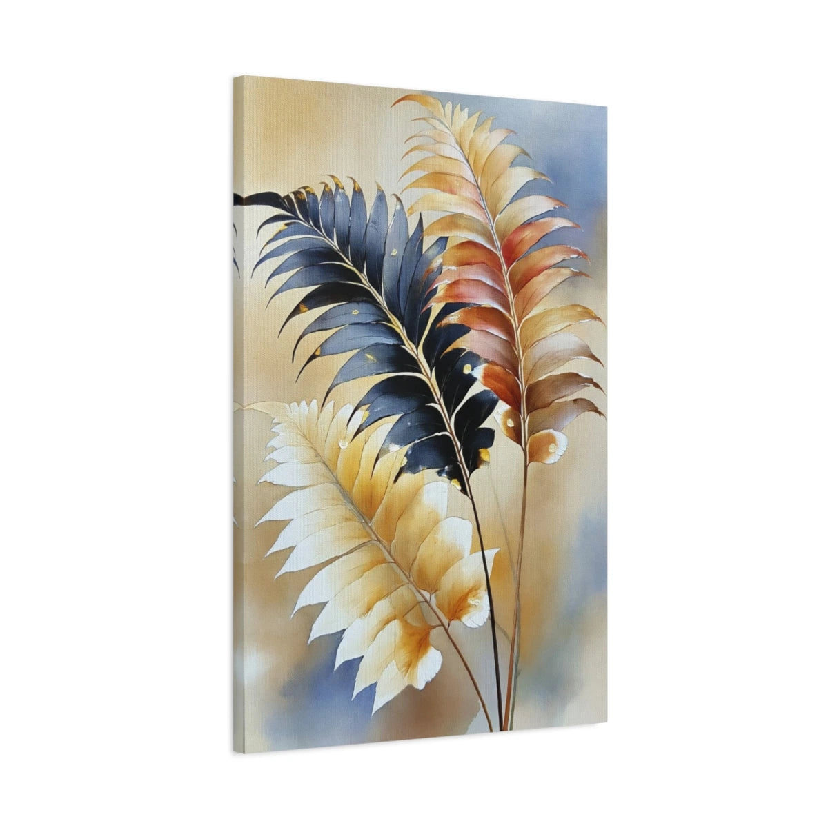 Tableau de Feuillage Tropical Beige et Marron - Frondes Nocturnes, vue latérale de la toile sur châssis