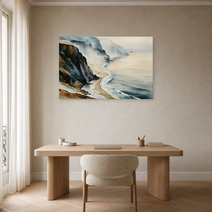 Tableau de Falaise Beige et Ardoise - Côte Silencieuse présenté dans un bureau avec bois fumé