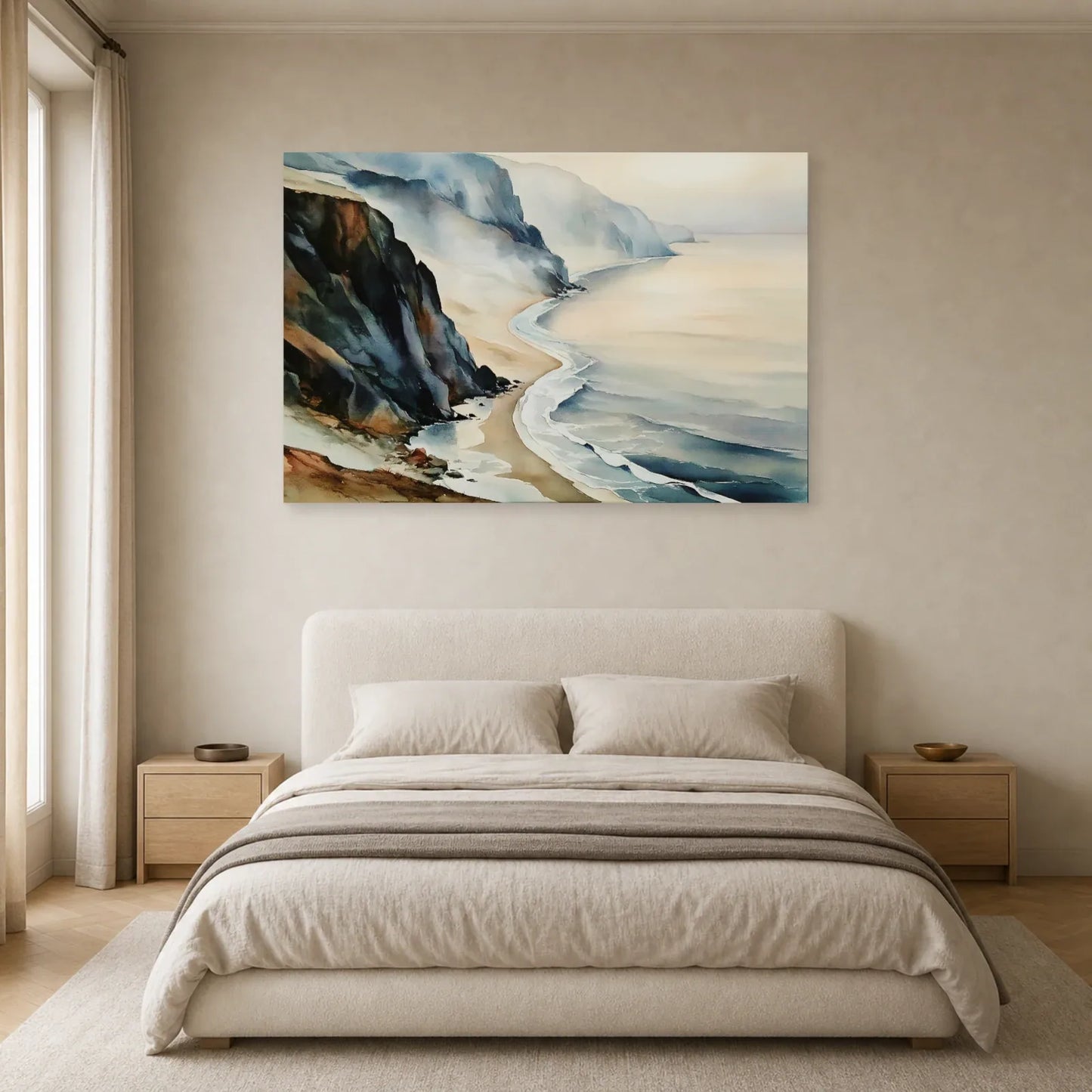 Tableau de Falaise Beige et Ardoise - Côte Silencieuse présenté dans une chambre aux textiles écrus