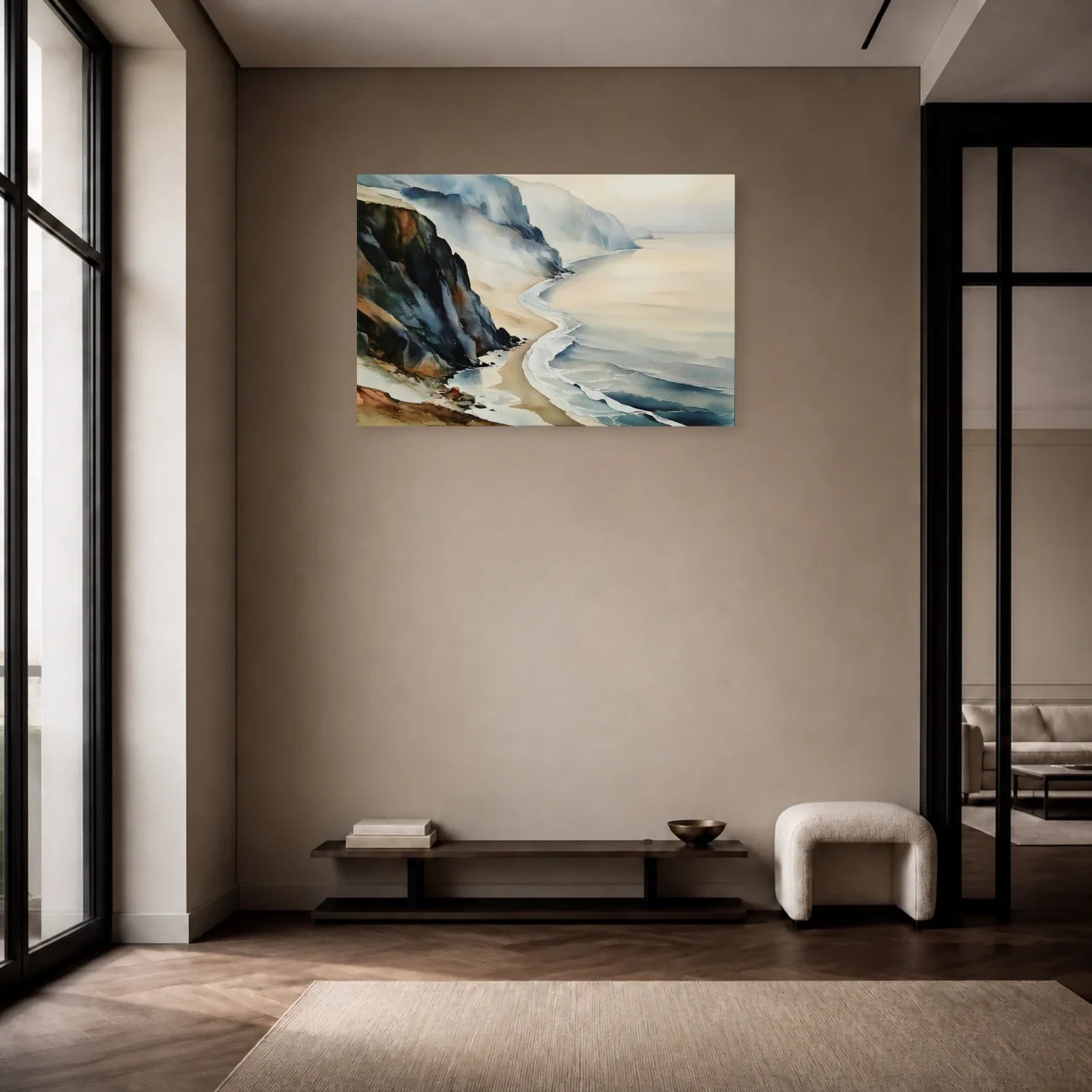 Tableau de Falaise Beige et Ardoise - Côte Silencieuse présenté dans une entrée ouverte sur la perspective